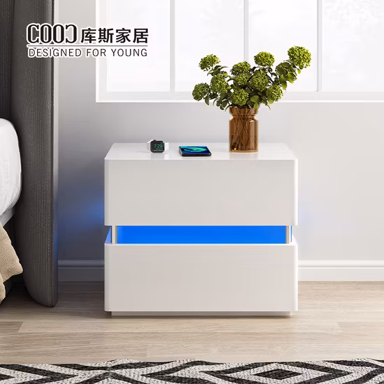 Modern White Acrylic Intelligent LED Light Night Stand Smart Bedside Table with Wireless Charging