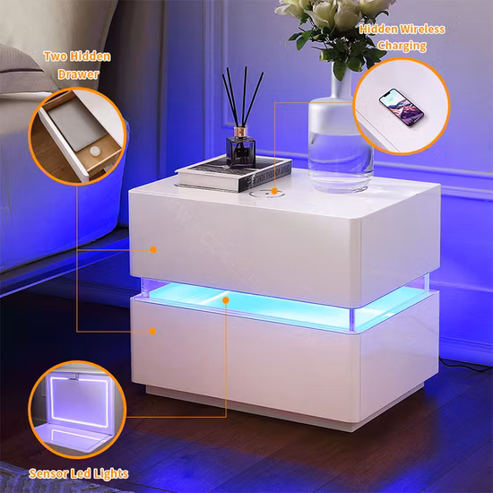 Modern White Acrylic Intelligent LED Light Night Stand Smart Bedside Table with Wireless Charging