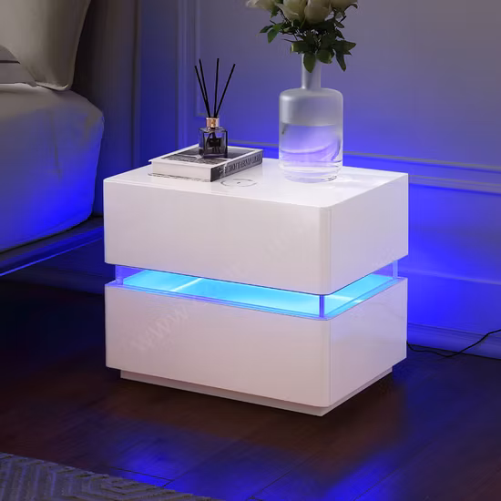 Modern White Acrylic Intelligent LED Light Night Stand Smart Bedside Table with Wireless Charging